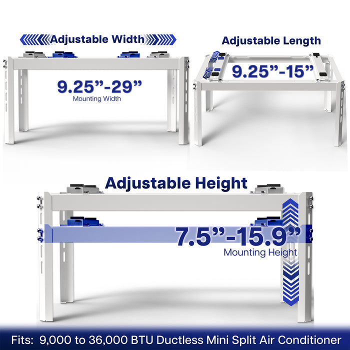 Adjustable rack system with measurements for width, length, and height on a white background.