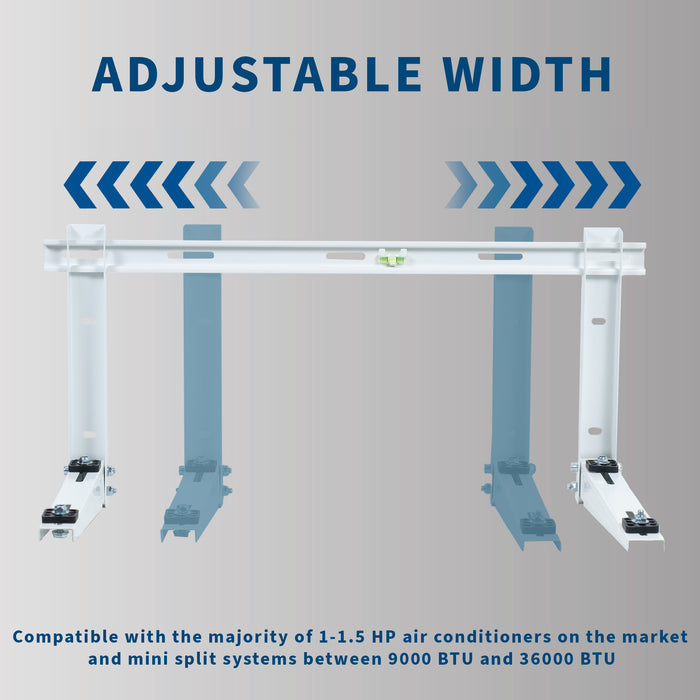 Mini split air conditioner wall mount with adjustable width and anti-vibration padding.