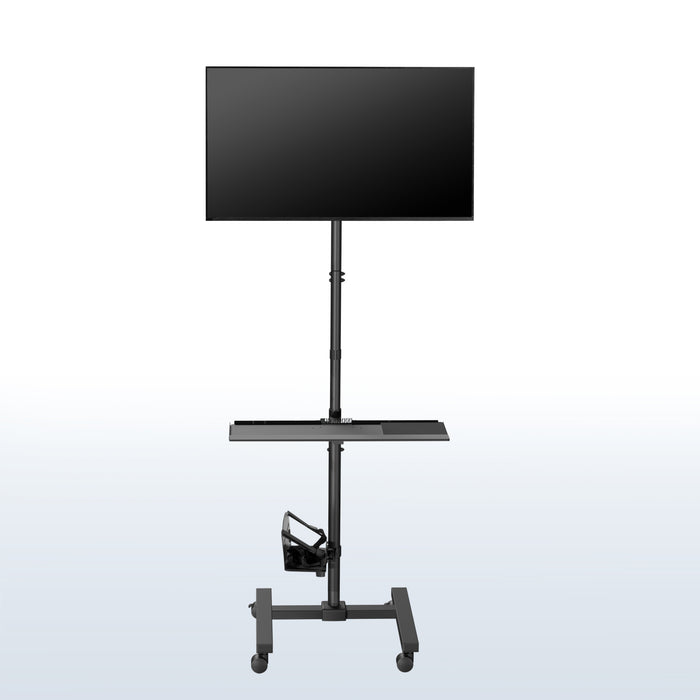 Mobile workstation cart with monitor mount, keyboard tray, PC holder, and locking wheels. Featuring 360 rotation and height adjustment.