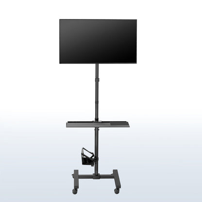 Mobile workstation cart with monitor mount, keyboard tray, PC holder, and locking wheels. Featuring 360 rotation and height adjustment.
