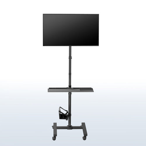 Mobile workstation cart with monitor mount, keyboard tray, PC holder, and locking wheels. Featuring 360 rotation and height adjustment.