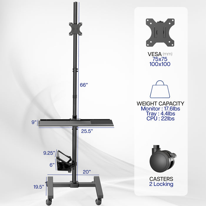 Mobile workstation cart with monitor mount, keyboard tray, PC holder, and locking wheels. Featuring 360 rotation and height adjustment.