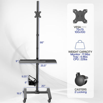 Mobile workstation cart with monitor mount, keyboard tray, PC holder, and locking wheels. Featuring 360 rotation and height adjustment.