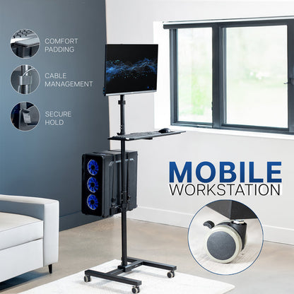 Mobile workstation cart with monitor mount, keyboard tray, PC holder, and locking wheels. Featuring 360 rotation and height adjustment.