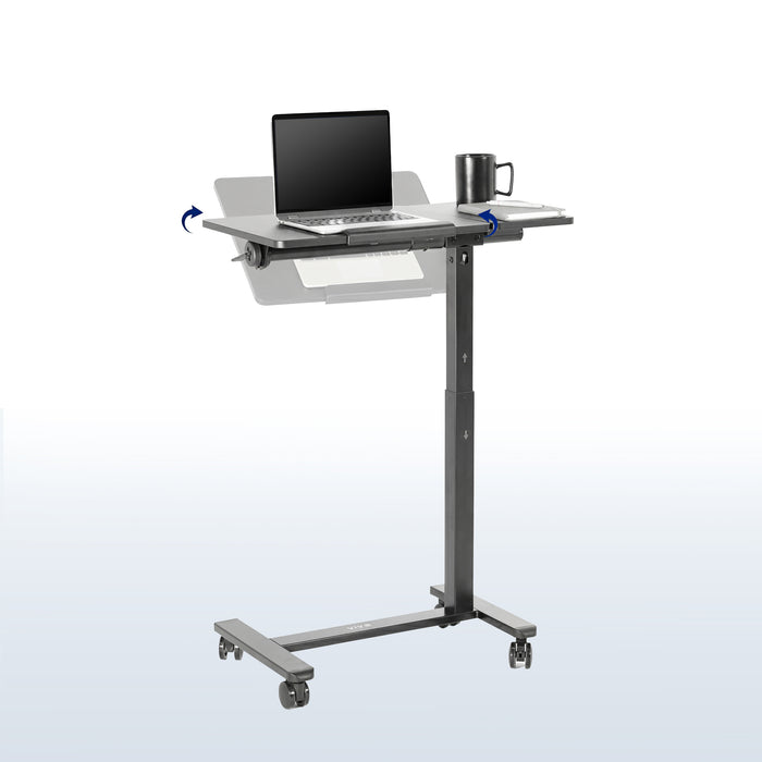 Mobile tilting laptop cart with adjustable height, rolling casters, and spacious desktop for flexible workstations