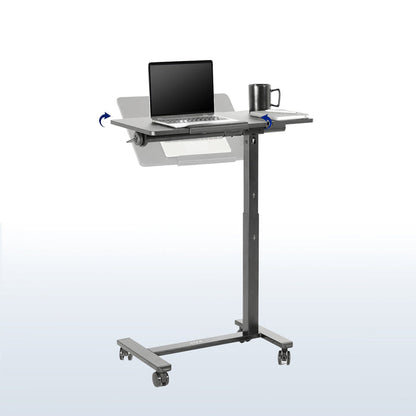 Mobile tilting laptop cart with adjustable height, rolling casters, and spacious desktop for flexible workstations