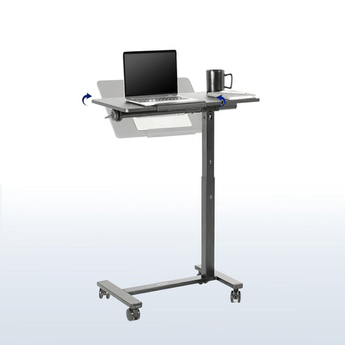 Mobile tilting laptop cart with adjustable height, rolling casters, and spacious desktop for flexible workstations