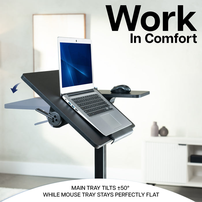Tilting laptop cart with adjustable work surface for comfortable laptop use while sitting or standing.