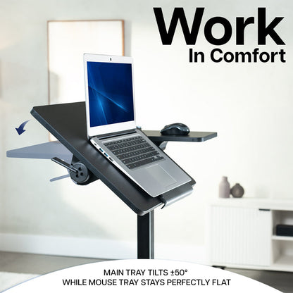 Tilting laptop cart with adjustable work surface for comfortable laptop use while sitting or standing.