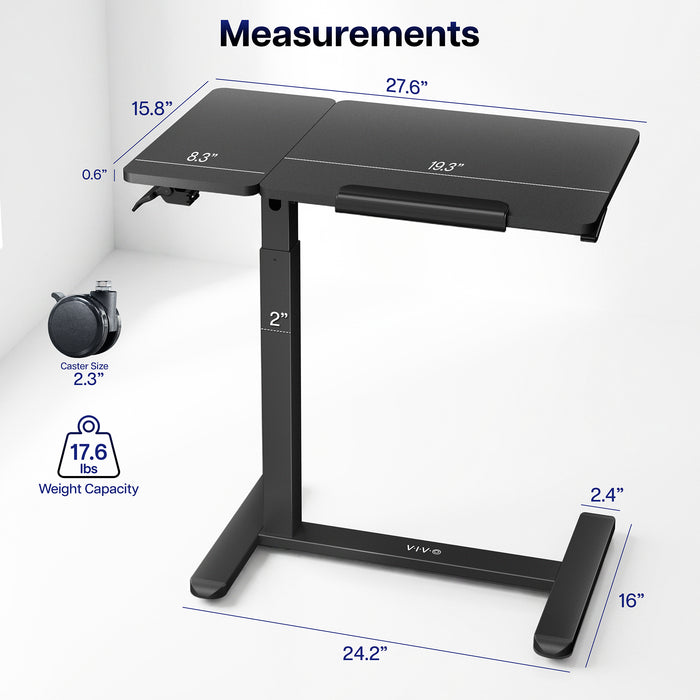 Mobile laptop cart dimensions showing adjustable height, desktop size, and compact rolling base