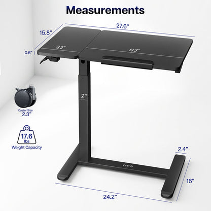 Mobile laptop cart dimensions showing adjustable height, desktop size, and compact rolling base