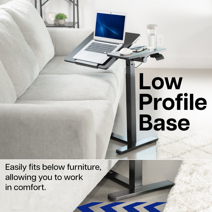 Mobile laptop cart with low-profile base designed to roll easily under sofas, chairs, and furniture