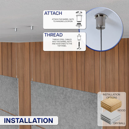 Installation guide graphic showing how to hang and thread steel cables for a ceiling-mounted partition system, with labeled steps for ATTACH and THREAD, a circular close-up of the hardware, and an installation options inset showing wood and drywall.