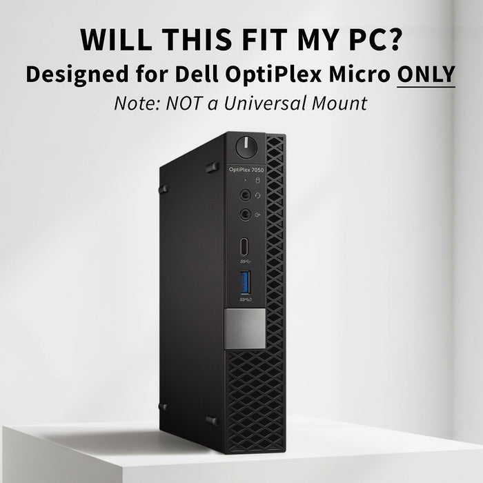 Dell OptiPlex Micro computer tower on a white background with text indicating compatibility.