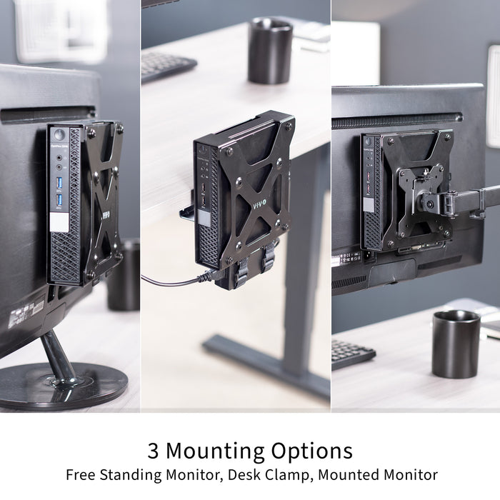 Three mounting options for the Dell Micro OptiPlex mount on a desk with a neutral background.