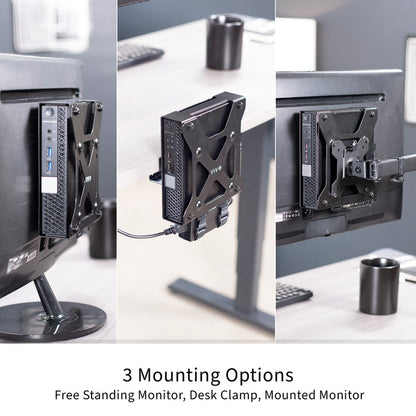 Three mounting options for the Dell Micro OptiPlex mount on a desk with a neutral background.