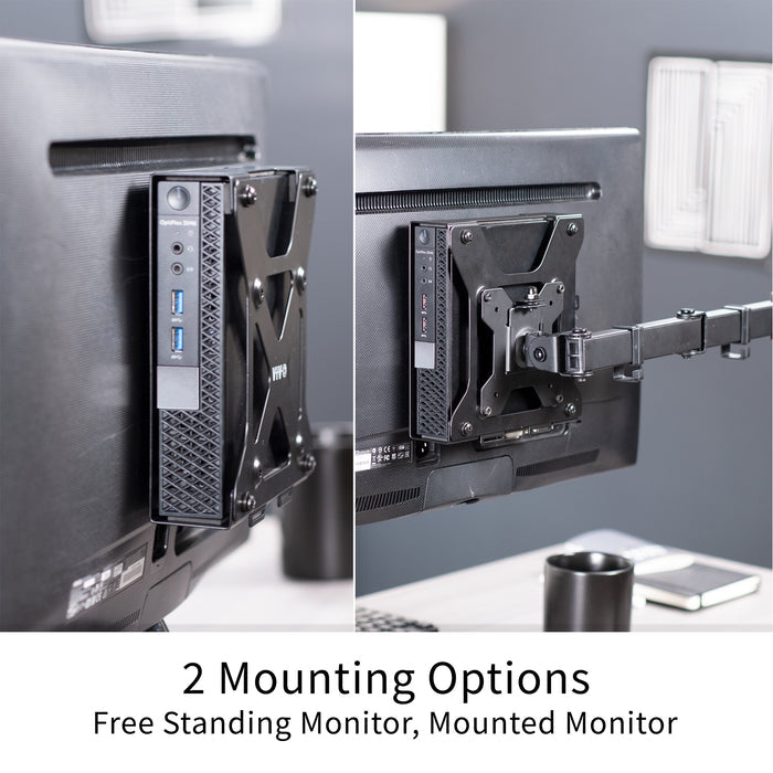 Two views of the Mount Designed for Dell OptiPlex Micro mounted, one free standing and one mounted on a monitor mount.