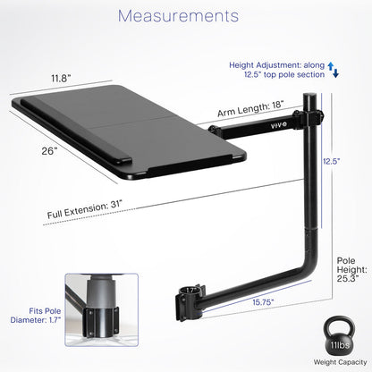 Office chair pole mounting keyboard tray with height adjustment, tilt, and rotation.