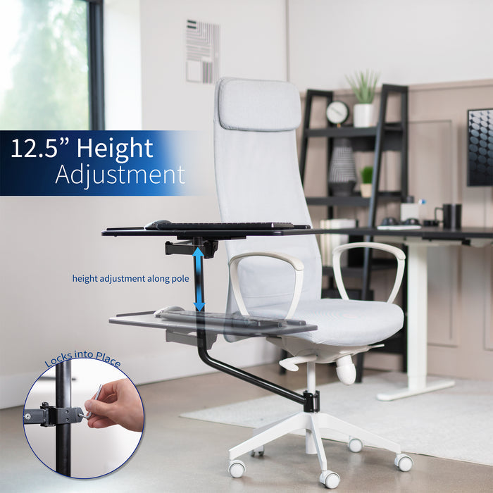 Office chair pole mounting keyboard tray with height adjustment, tilt, and rotation.