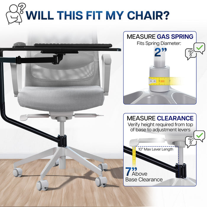 Office chair pole mounting keyboard tray with height adjustment, tilt, and rotation.