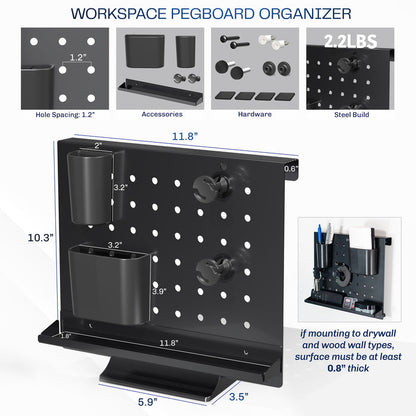 A black pegboard desk organizer with various slots and holders for office supplies and a mobile phone.