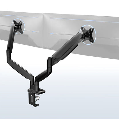A dual ultrawide monitor desk mount with pneumatic arms, in black color, shown with two alternative mounting options.