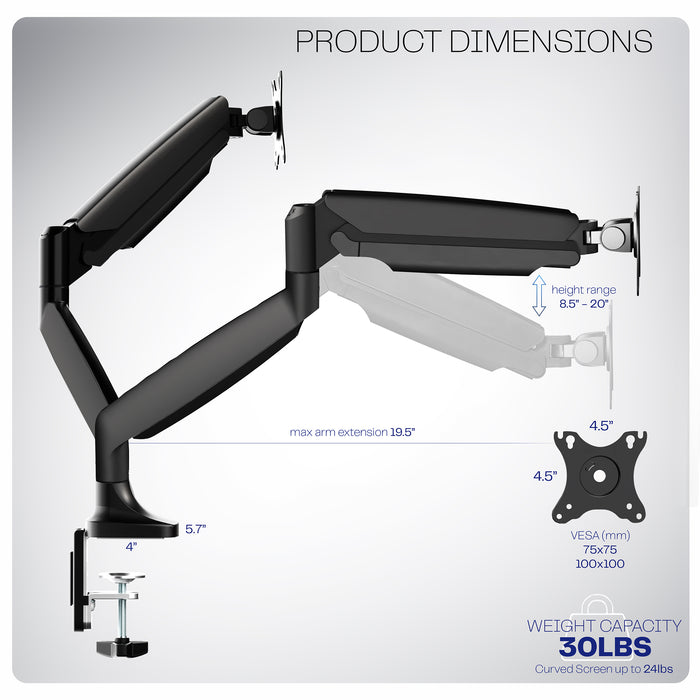 A dual ultrawide monitor desk mount with pneumatic arms, in black color.