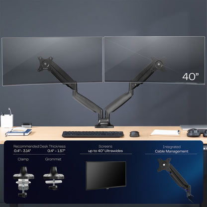 A dual ultrawide monitor desk mount with pneumatic arms