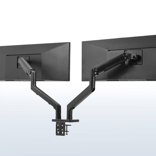 A dual monitor desk mount with pneumatic arms, capable of supporting ultrawide screens in black color.