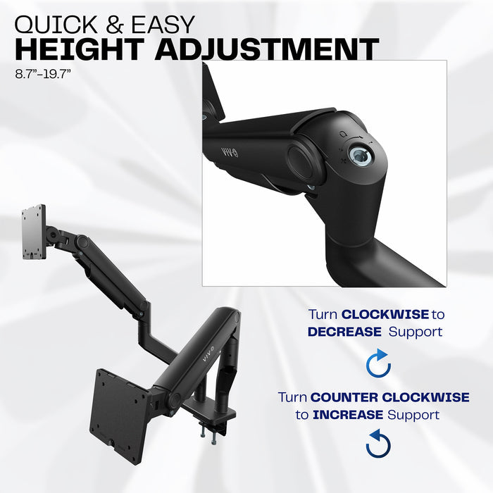 A dual monitor desk mount with pneumatic arms with text displaying adjustment features.