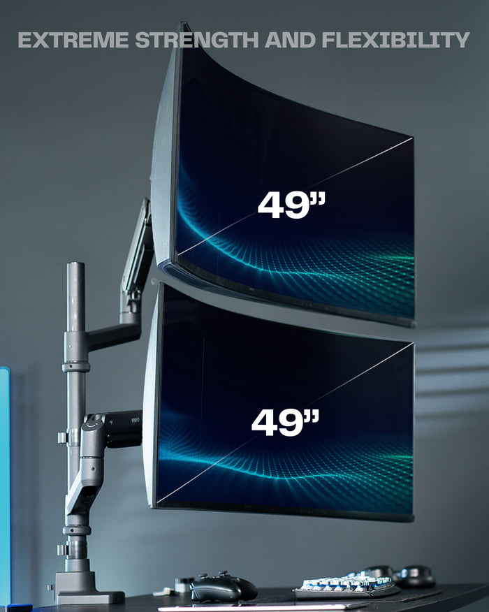 Dual monitor ultrawide desk mount with extending arms. Featuring height adjustment, tilt, swivel, rotation, and integrated cable management.