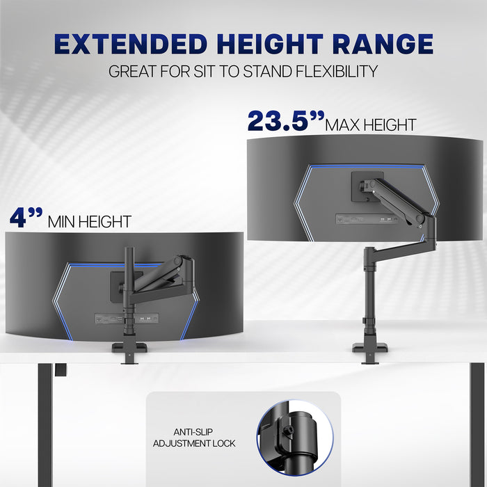 Pneumatic Lift Monitor Desk Mount with adjustable height range on a white background
