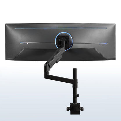 Single ultrawide monitor mounted on a pneumatic arm desk mount, with a black screen and blue accents. The mount includes a clamp base for attachment to a desk.