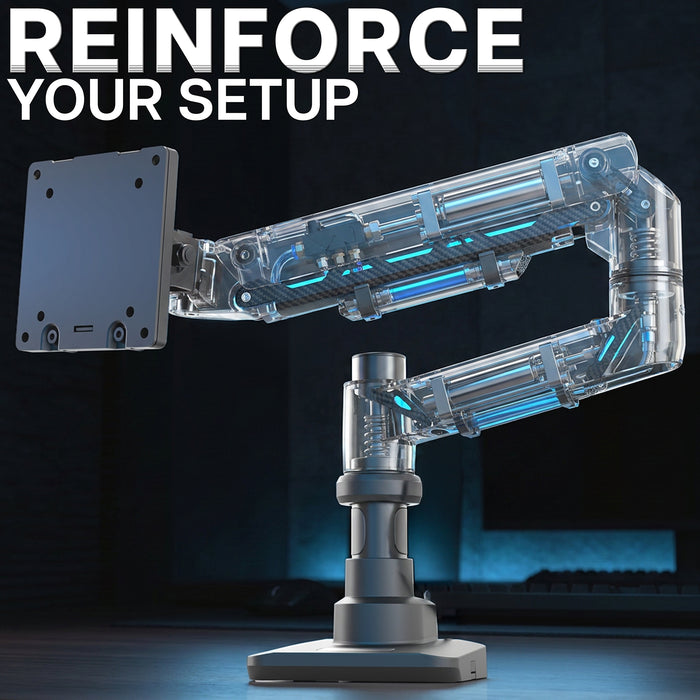 Heavy-duty adjustable monitor arm with reinforced pneumatic spring construction and durable joints for stable, ergonomic monitor support.