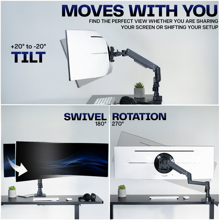 Adjustable ultrawide monitor arm showing +20° to -20° tilt, 180° swivel, and 270° rotation for flexible ergonomic screen positioning.