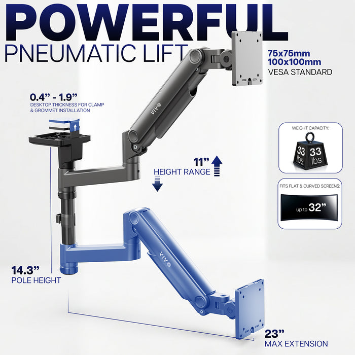 Powerful pneumatic monitor arm with adjustable joints for smooth height and screen positioning.