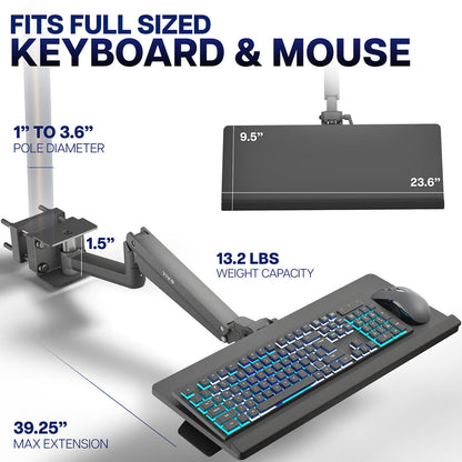 Pneumatic Pole Mounted Keyboard Tray Fits Full-Sized Keyboard and Mouse