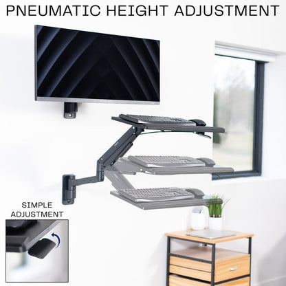 A wall mounted keyboard tray with a pneumatic mechanism and height adjustment feature.