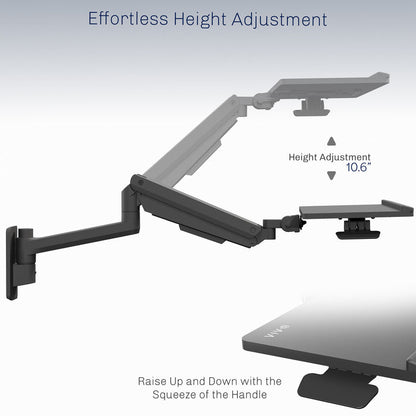 A wall mounted keyboard tray with a pneumatic mechanism with text on ease of height adjustment.