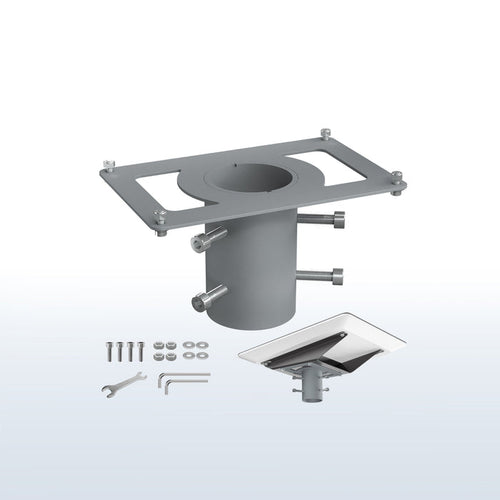 A gray pole adapter with various mounting hardware, including bolts and wrenches, displayed on a white background.