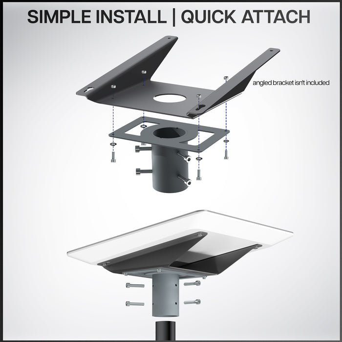 A gray pole adapter with text on simple installation displayed on a white background.