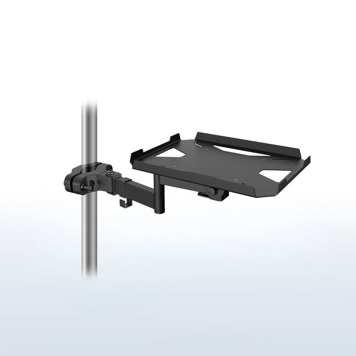 A black pole mount shelf with an articulating arm designed to attach to a pole.