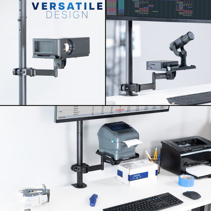 A black pole mount shelf with an articulating arm designed to attach to a pole.