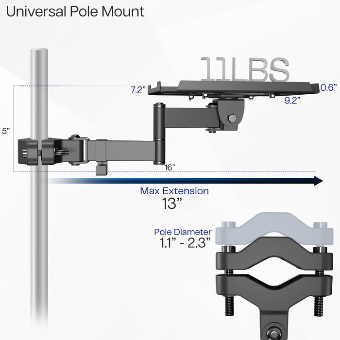 A black pole mount shelf with an articulating arm designed to attach to a pole.