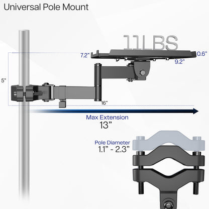 A black pole mount shelf with an articulating arm designed to attach to a pole.