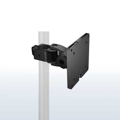 Pole mounted monitor bracket for ultrawide or standard screens with a quick-release bracket and tilt, swivel, and rotation.