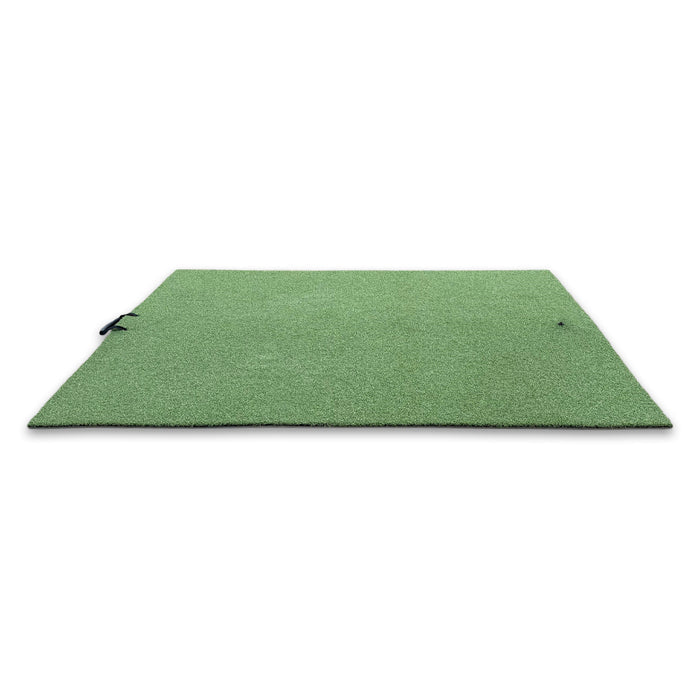 The BirdieBall Premium Turf Golf Hitting Mat, a rectangular green mat made of artificial turf, is shown on a white background with a black strap on one side.