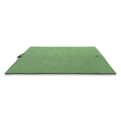 The BirdieBall Premium Turf Golf Hitting Mat, a rectangular green mat made of artificial turf, is shown on a white background with a black strap on one side.