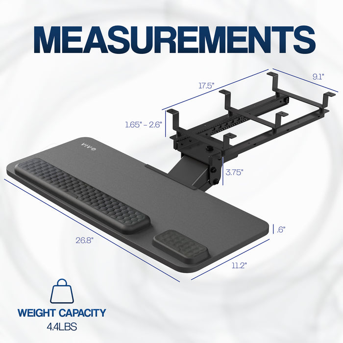 Measurements of an under desk keyboard tray on a white background.