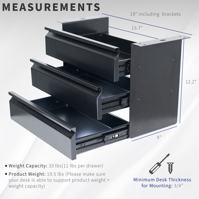 Sleek under desk storage unit with three pull-out drawers for office workstation organization.